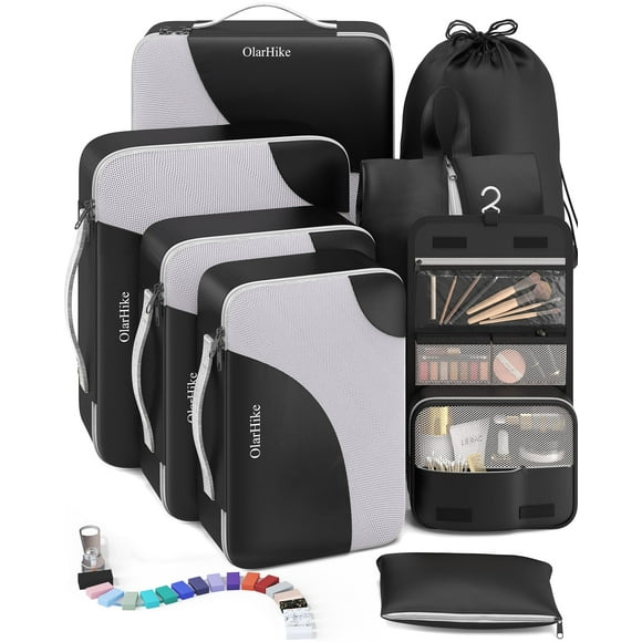 Set Packing Cubes OlarHike 8 para viajes con bolsa de lavandería negra