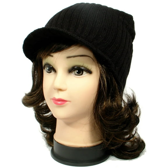 Black Warm Winter Knit Crochet Braided Baggy Visor Beanie Hat