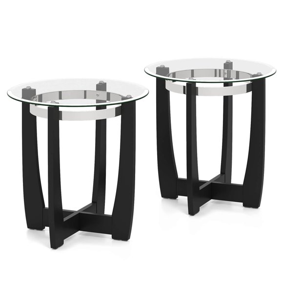 Costway 2 PCS 24" Round Side Table Glass End Table with Tempered Glass Top Cross Black