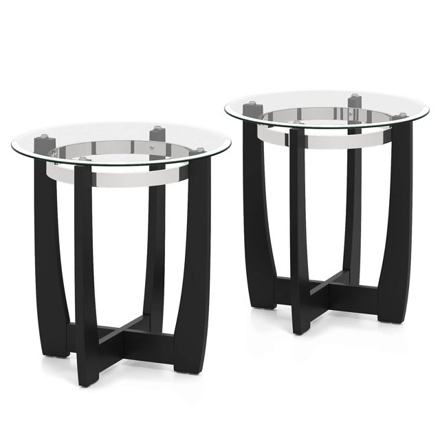 Costway 2 PCS 24" Round Side Table Glass End Table with Tempered Glass Top Cross Black