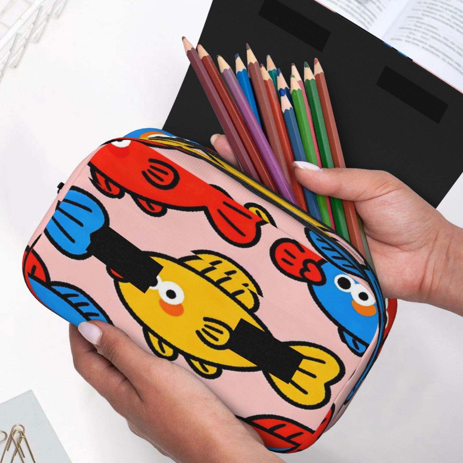 Large-Capacity Flip-Top Double-Layer Pencil Case, Multi-Functional Pocket Pen Case, Durable Stationery Organizer Cute Little Fish (7)