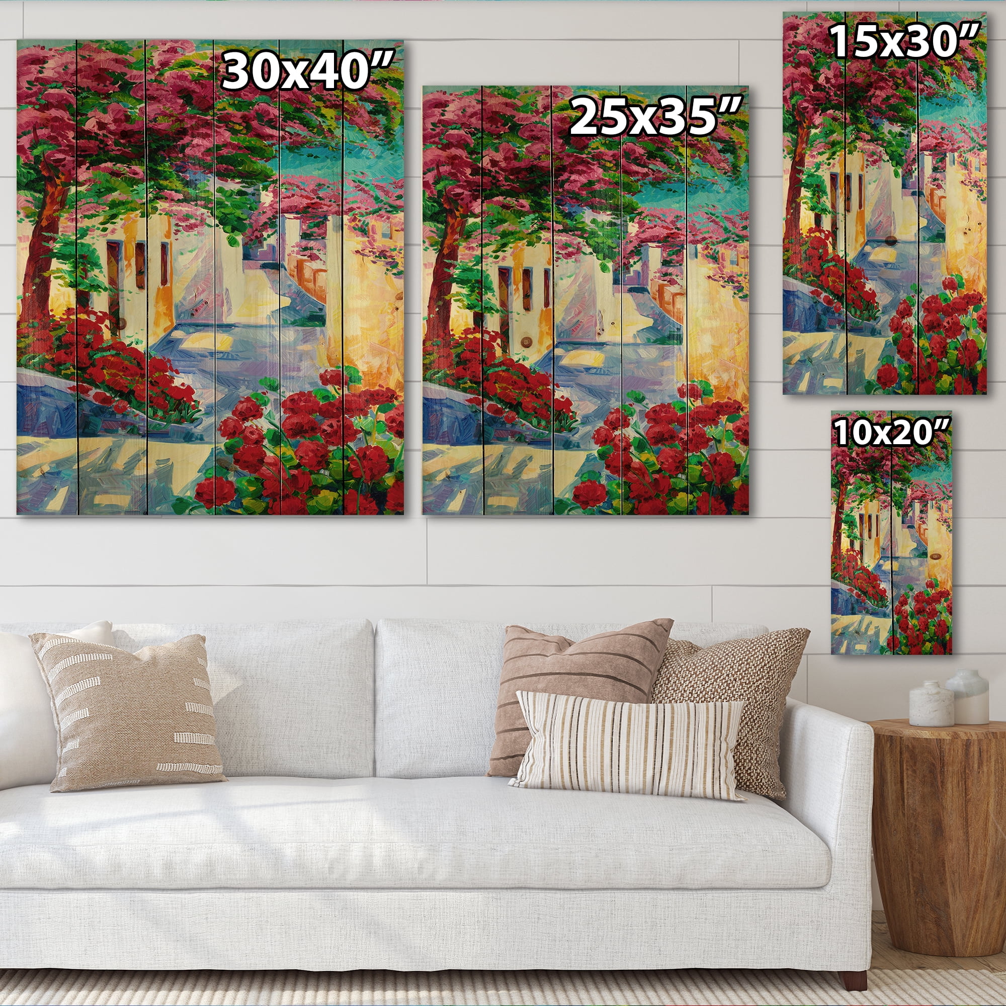 Designart 'Colorful Traditional Santorini Houses Among Flowers' Nautical & Coastal Print on Natural Pine Wood