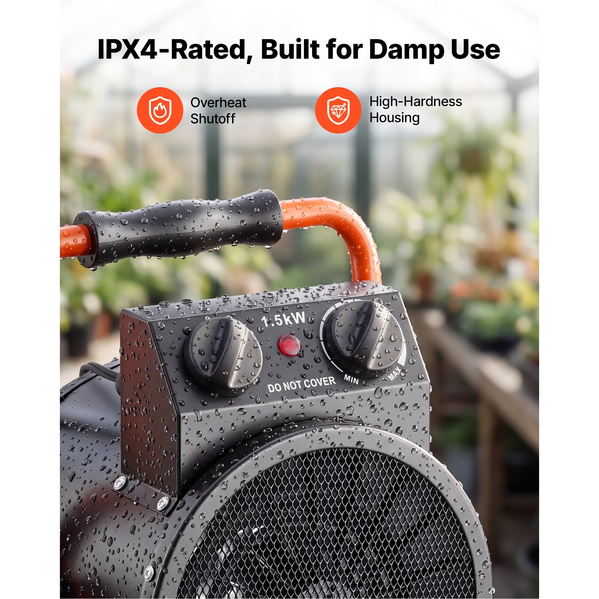 KFFKFF 1500W Electric Greenhouse Heater with Adjustable Fan Modes, IPX4 Waterproof Design, 25° Tilt Function, Overheat Protection, Ideal for Grow Tents, Small Greenhouses, Flower Rooms