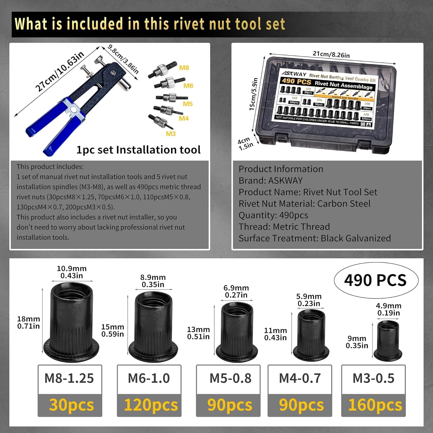 Rivet Nut Tool Kit, 490Pcs Black Zinc Metric Rivet Nut Combination (M8/M6/M5/M4/M3), Suitable for Automotive, Marine and Industrial Applications (Black 490PCS Rivet Nut Tool Kit)