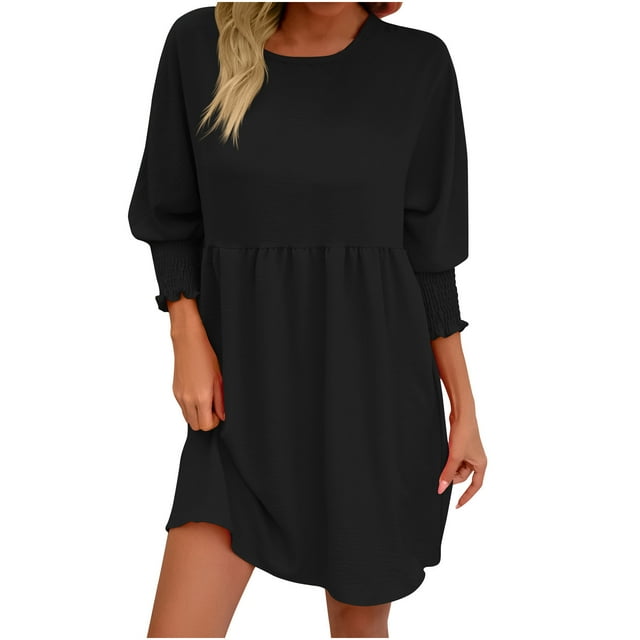 Lovzfmll Robe Poupée à Col Rond de Printemps pour Femme, Couleur Unie, Robe Plissée à Trois Couches, Noir, TG