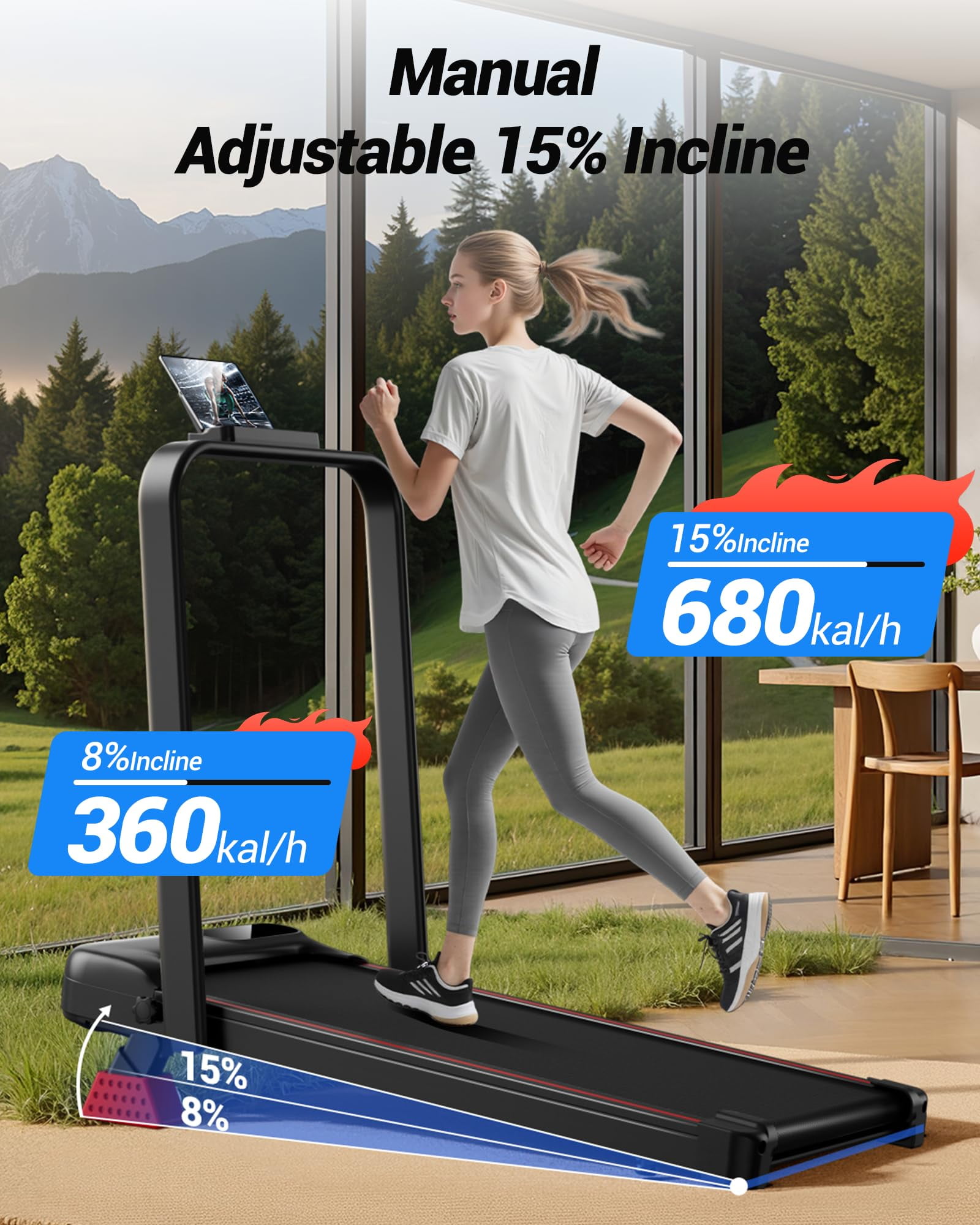 15% Incline Walking Pad Treadmill with Handle Bar - 2.5HP Quiet Folding Treadmill for Home Office Under Desk Portable Walking Pad with 300LBS Capacity