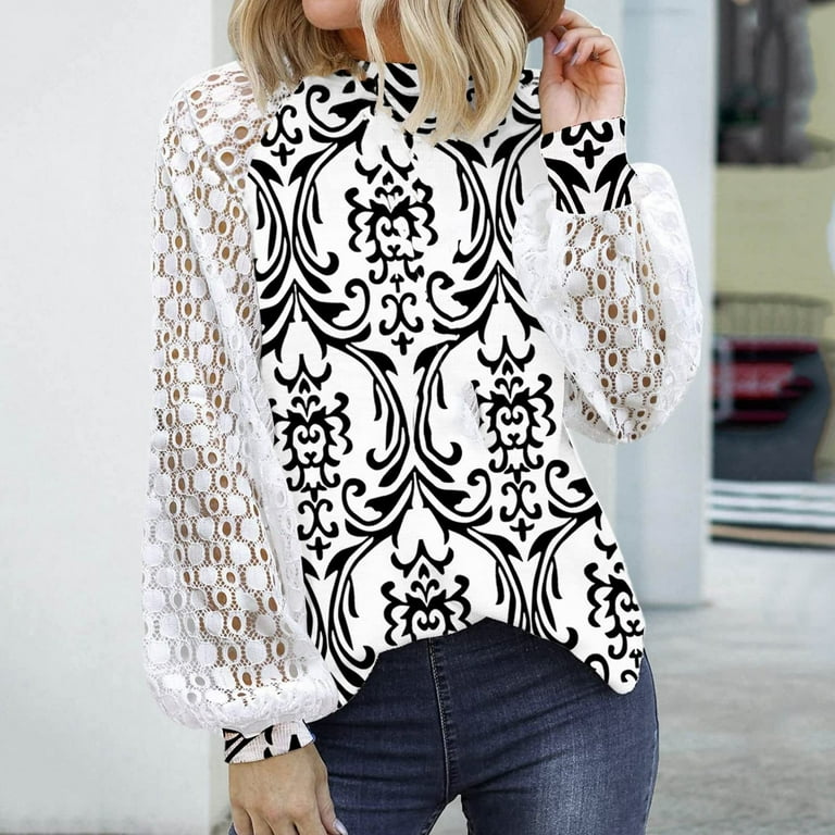 Women's 0-neck stitching lace long T-shirt Women's 0-neck stitching lace long T-shirt