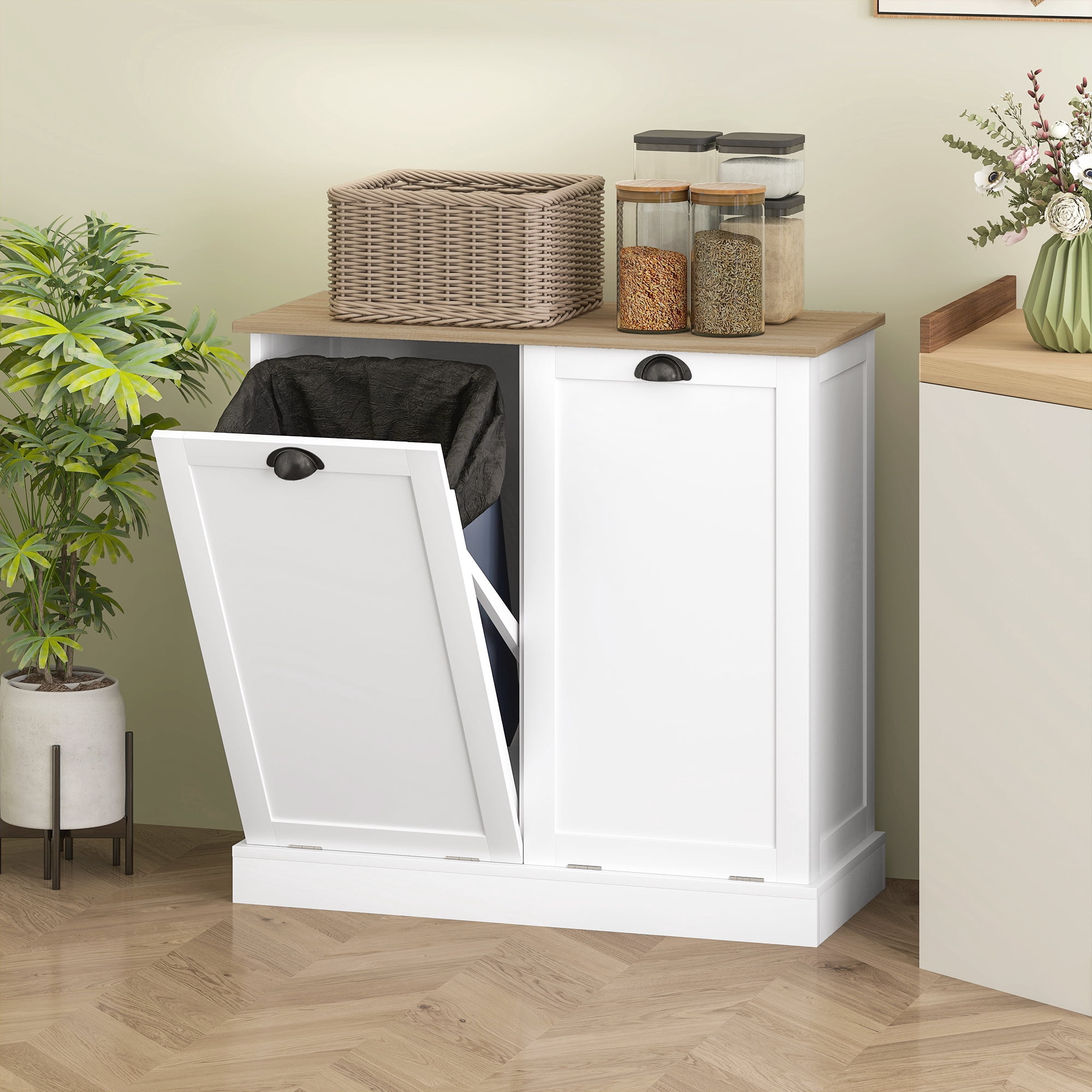 HOQBN Dual Tilt out Laundry Hamper Cabinet with 2 Removable Basket, Modern Bathroom Storage Cabinet with Shaker Doors and Handles, White