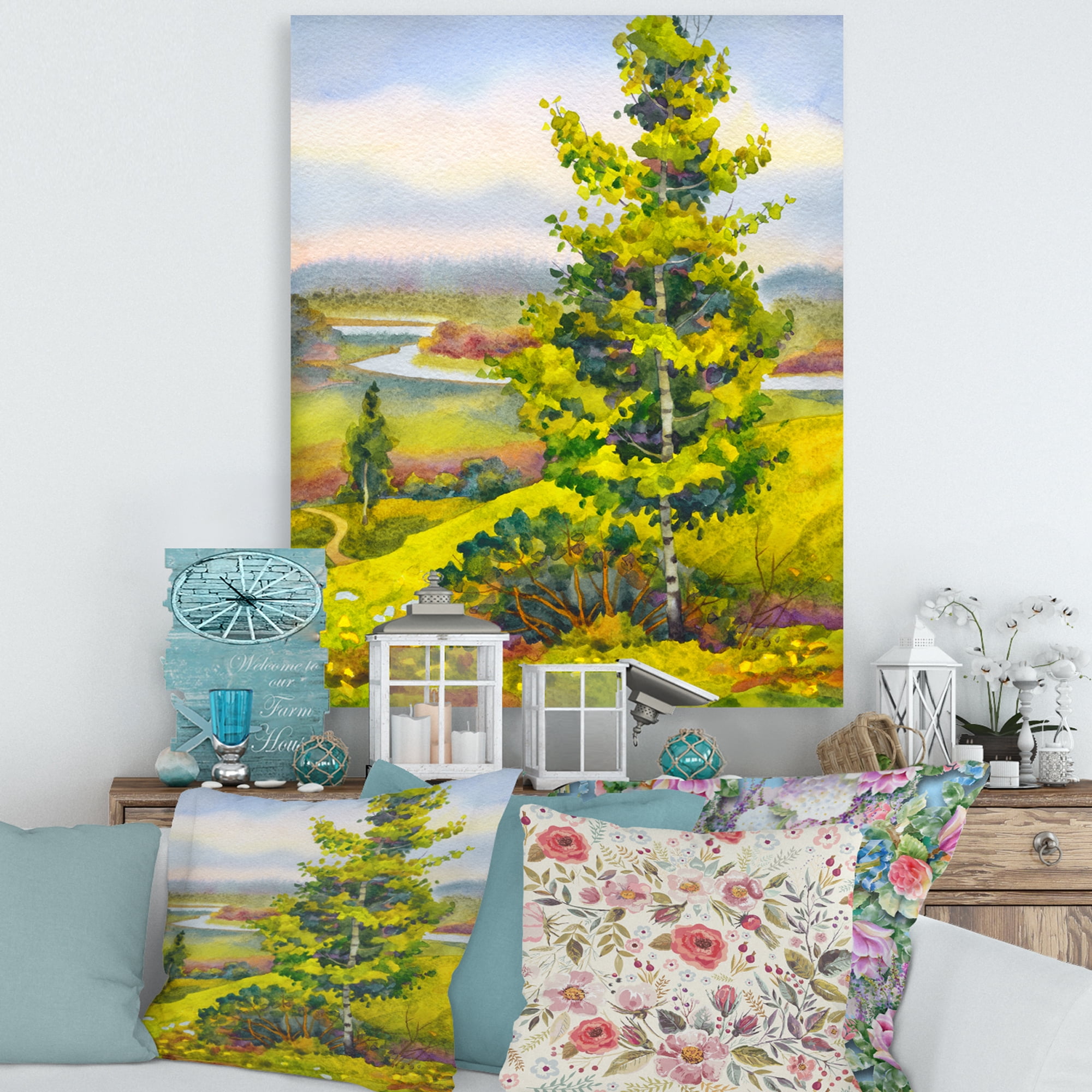 Designart ' Colorful Young Orange Betulas Along Bank Of Calm Bay ' Lake House Canvas Wall Art Print