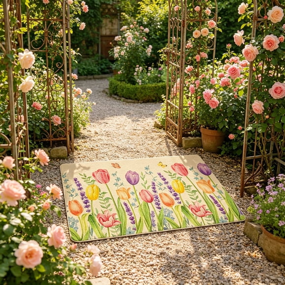 shyuyusa Tulip Floral Decorative Floor Mat, Holiday Theme Non Slip Doormat, Mother's Day Floral Pattern Entryway Carpet