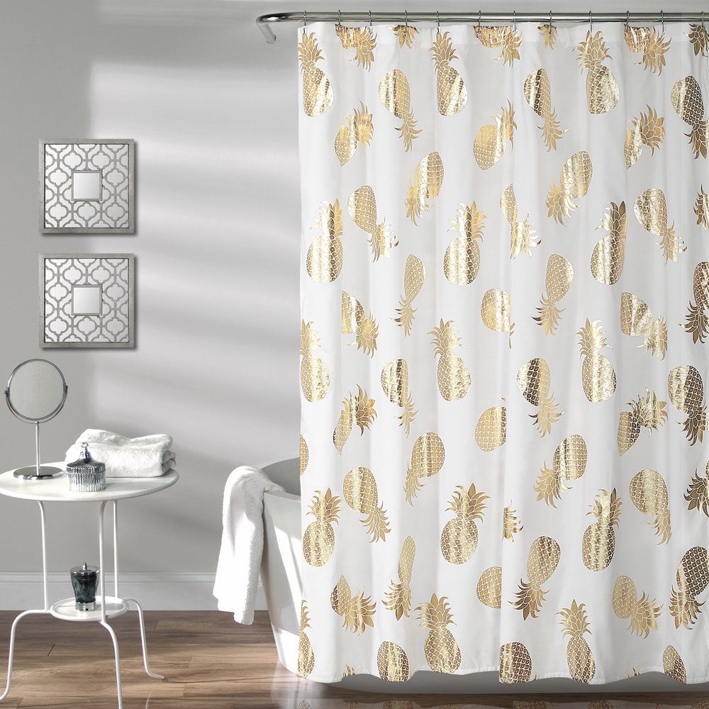 Lush Decor Pineapple Toss Iconic Polyester Shower Curtain, 72x72, Gold