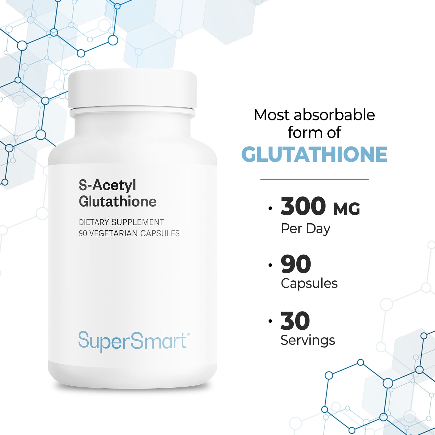 SuperSmart S-Acetyl Glutathione 300mg per Day (High Absorption) - Stable Form of L-Glutathione Tripeptide - GSH Supplement | Non-GMO & Gluten Free - 90 Vegetarian Capsules