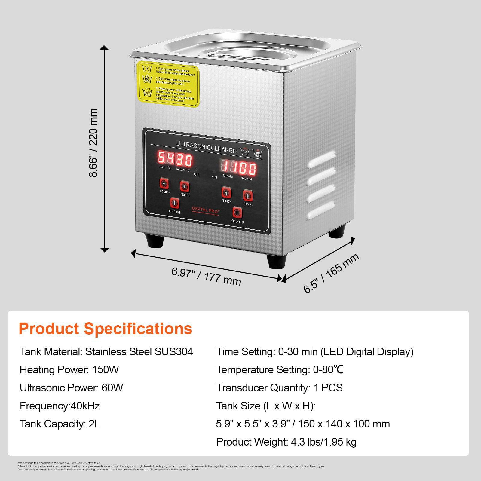 Ultrasonic Cleaner 2L Digital Timer Heater Professional Jewelry Cleaner Stainless Steel Heated Cleaning Machine for Glasses Watch Rings Small Parts Circuit Board