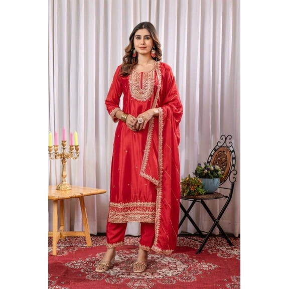 Elegant Partywear Pure Chinnon Silk Blend Embellished Salwar Kameez Set