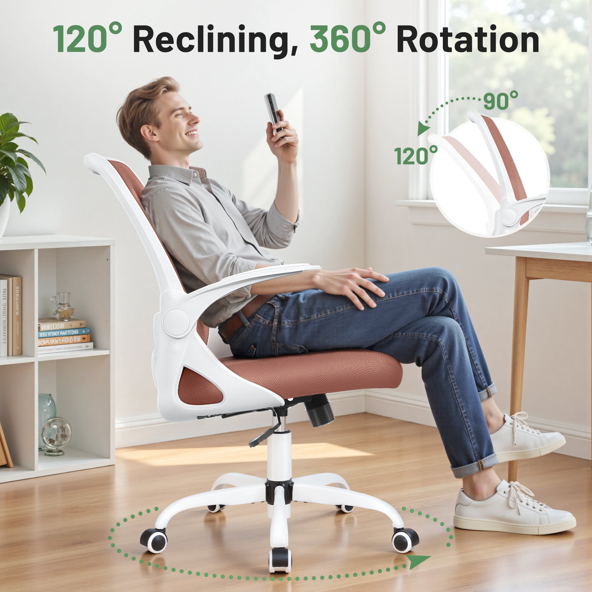 ATHOPE Office Chair, Ergonomic Desk Chair with Lumbar Support Adjustable Height Swivel Wheels Flip-up Arms Mesh Computer Gaming Chair for Home Office, Brown