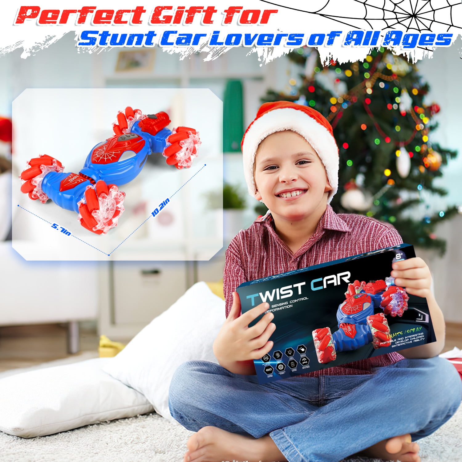 Huge Wave Remote Control Car for Boys, 2.4GHz 4WD Gesture Sensing RC Stunt Car Toys, 360° Rotating Double Sided with LED Lights, Birthday Gift for Kids Aged 4-8