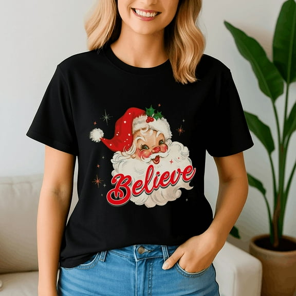 Vintage Santa Claus Believe Christmas, Retro Christmas Shirt, Xmas TShirt, Cute Santa Claus Holiday, Merry Christmas Gift