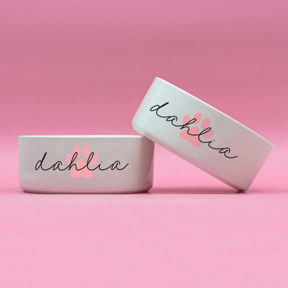 Personalized Dog Bowl | Custom Ceramic Dog Bowl Measuring 7xe2x80x9d | Bowl with Petxe2x80x99s Name in Cursive Font | Paw Print Design in Variety of Colors