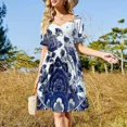 thumbnail image 4 of DUTCH BLUE DELFT: Vestido de noche de manga corta con estampado de pájaros y flores azules Vintage vestido de mujer ropa estética, 4 of 7