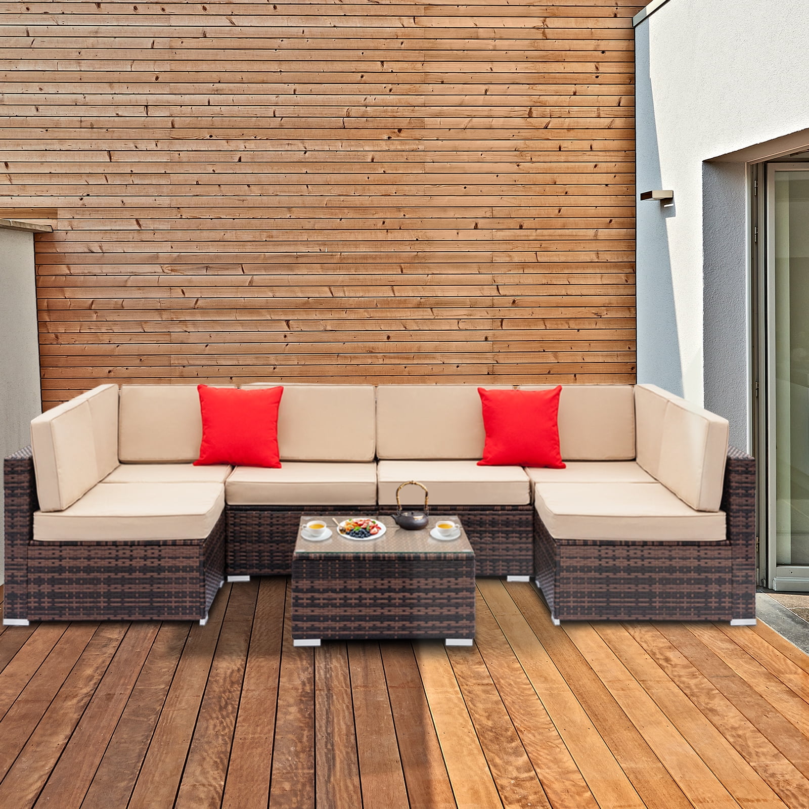 UBesGoo 7PC Furniture Sectional PE Rattan Wicker Patio Rattan Sofa Set