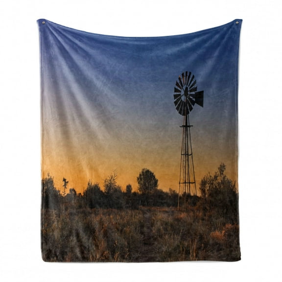 Windmill Soft Flannel Fleece Blanket, Sunset in Kalahari Peaceful Outdoors Agriculture Rural Nature Image, Cozy Plush for Indoor and Outdoor Use, 60" x 80", Blue Brown and Marigold, by Ambesonne