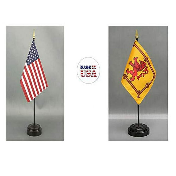 Made in The USA. 1 American and 1 Scottish Lion Rayon 4"x6" Office Desk & Little Hand Waving Table Flag, Includes 2 Flag Stands & 2 Small 4x6 Mini Stick Flags