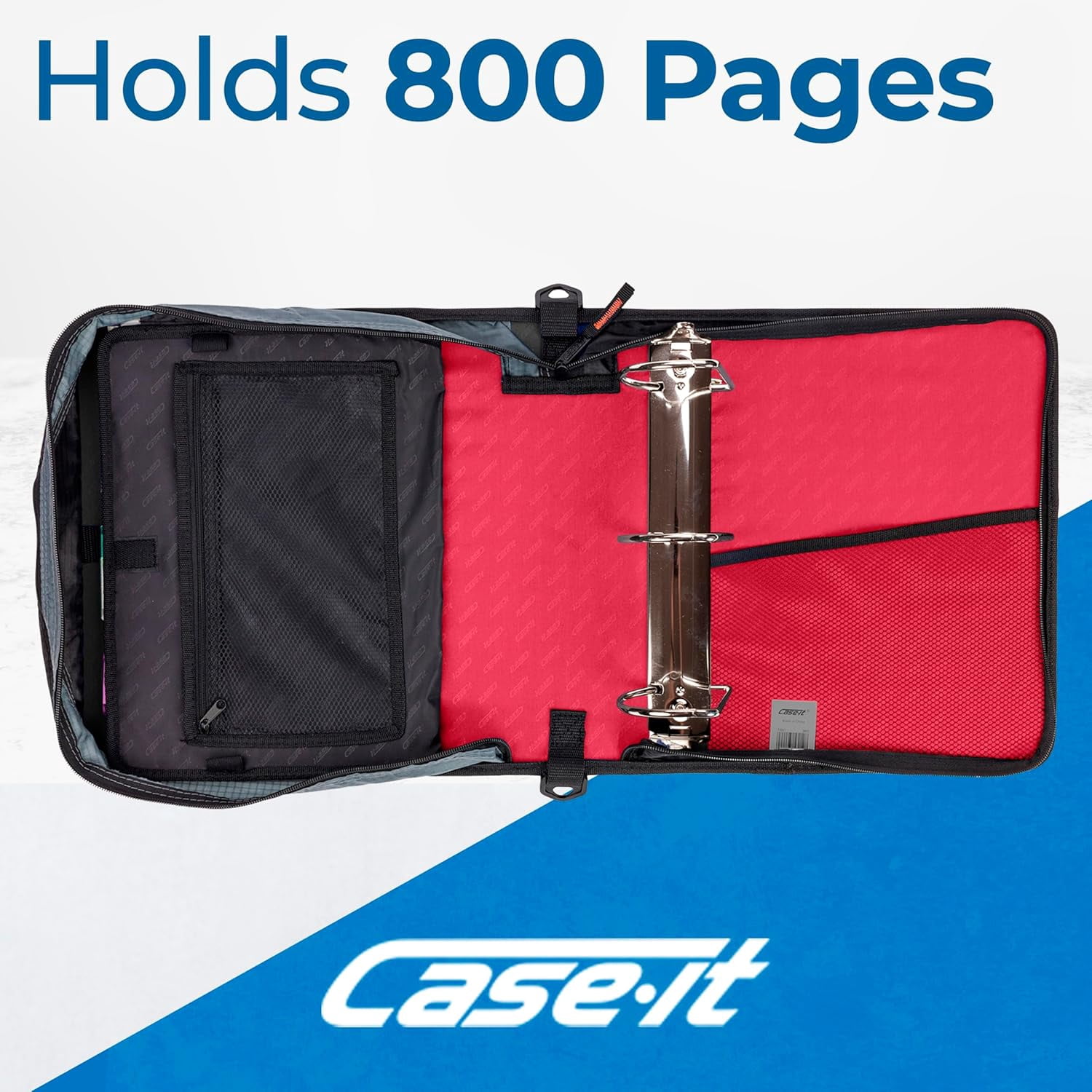 Case-it The King Sized Zip Tab Zipper Binder - 4 Inch D-Rings - 5 Subject File Folder - Multiple Pockets - 800 Sheet Capacity - Comes with Shoulder Strap - Fire Red D-186