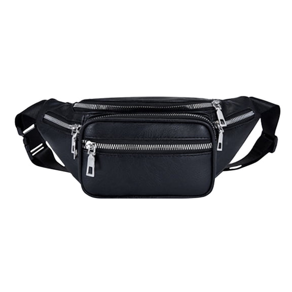 Fanny Pack for Women Men Waterproof Black PU Leather Crossbody Waist Bag Outdoor Sports Belt Bag