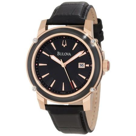 Bulova 98B161 Men's Round Analog Date Black Rose Gold Tone Leather Watch