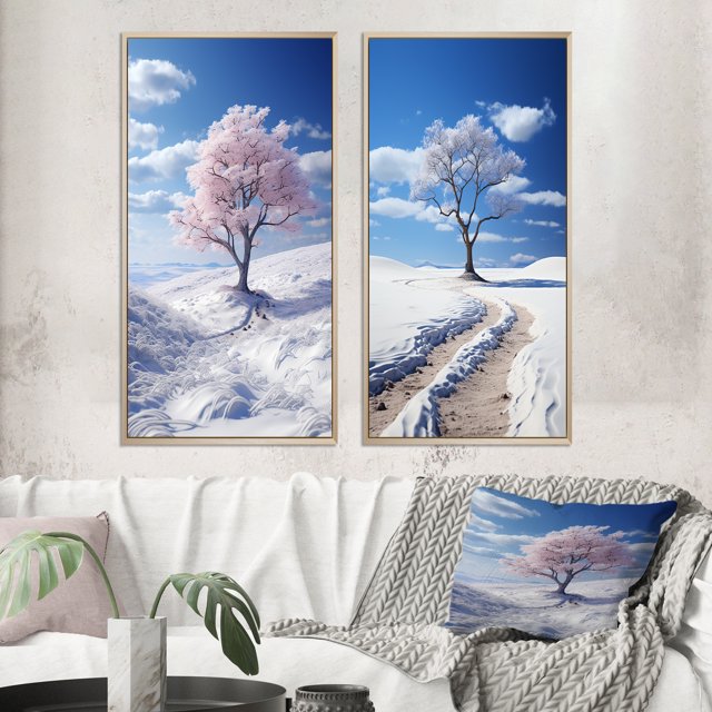 Designart "Snowy Tree gracefulness I" Snow Framed Wall Art Set Of 2 - White Landscapes Gallery Wall Frame Set For Home Decor