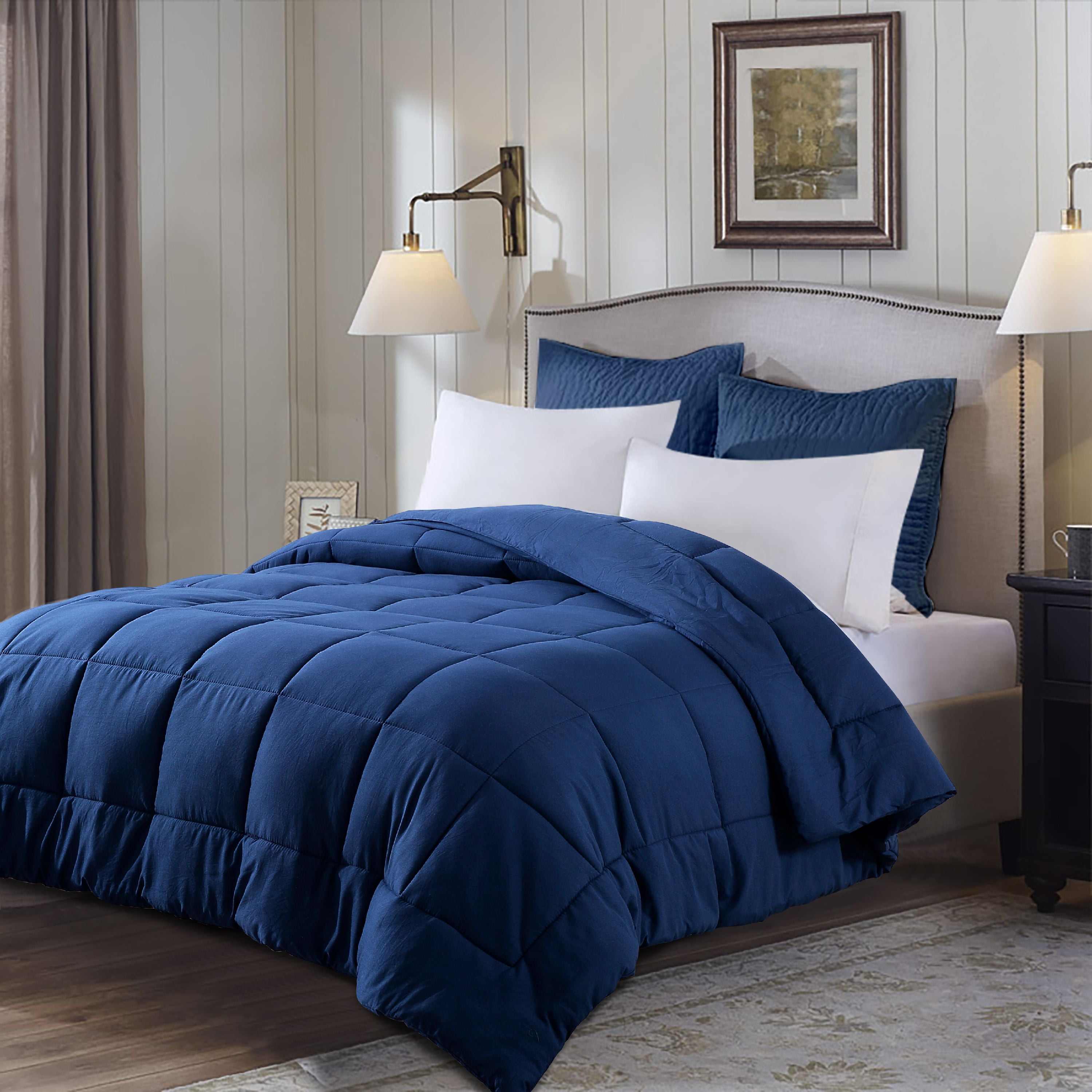Evolive All Season Pre Washed Soft Microfiber White Goose Down Alternative Comforter with Box Stitching (Navy, King)