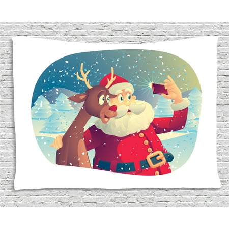 Santa Tapestry, Best Friends Taking a Funny Christmas Selfie with Cellphone in a Snowy Winter Forest, Wall Hanging for Bedroom Living Room Dorm Decor, 60W X 40L Inches, Multicolor, by
