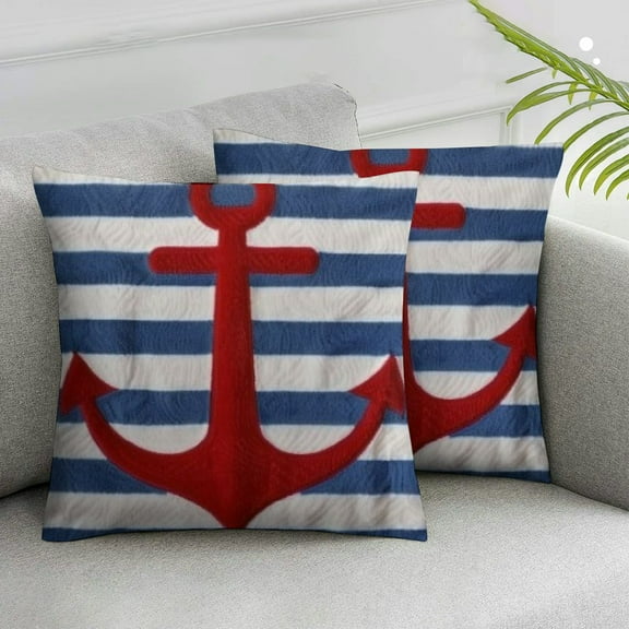 Acheng Hello Summer Nautical Theme Throw Pillow Covers Outdoor Summer Beach Ocean Red Anchor Lumbar Waist Pillow Cover Navy Blue Stripe Background Cushion Case,2 Pcs (Red Anchor) White