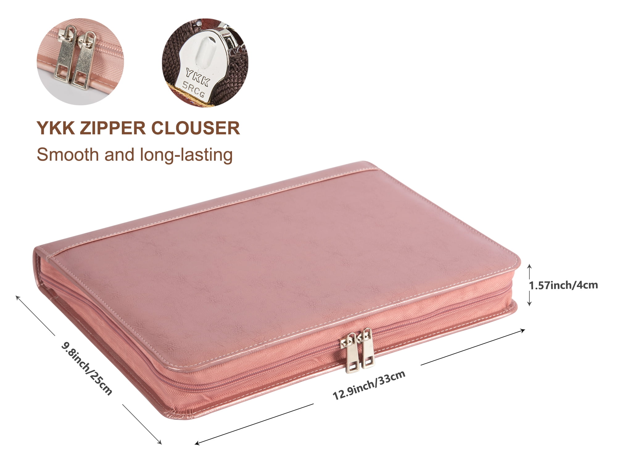 LeatherBelief Vegan Leather Portfolio, Rose, 3-Ring Binder with Zippered Closure, 12.5 x 10 x 1.6 inches