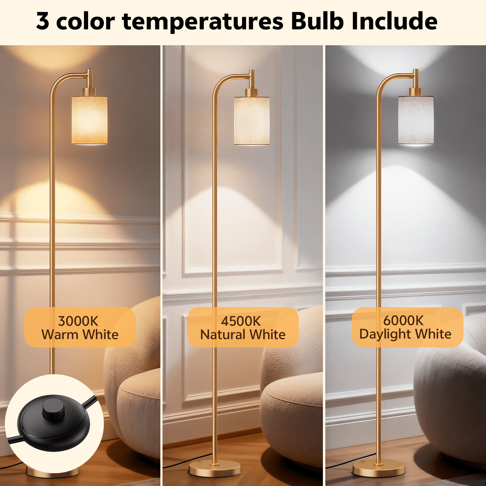 Floor Lamps for Living Room,3-Way Dimmable Standing Lamps with White Linen Shade,60" Vintage Tall Pole Light for Reading, Bedroom,Bulb Included