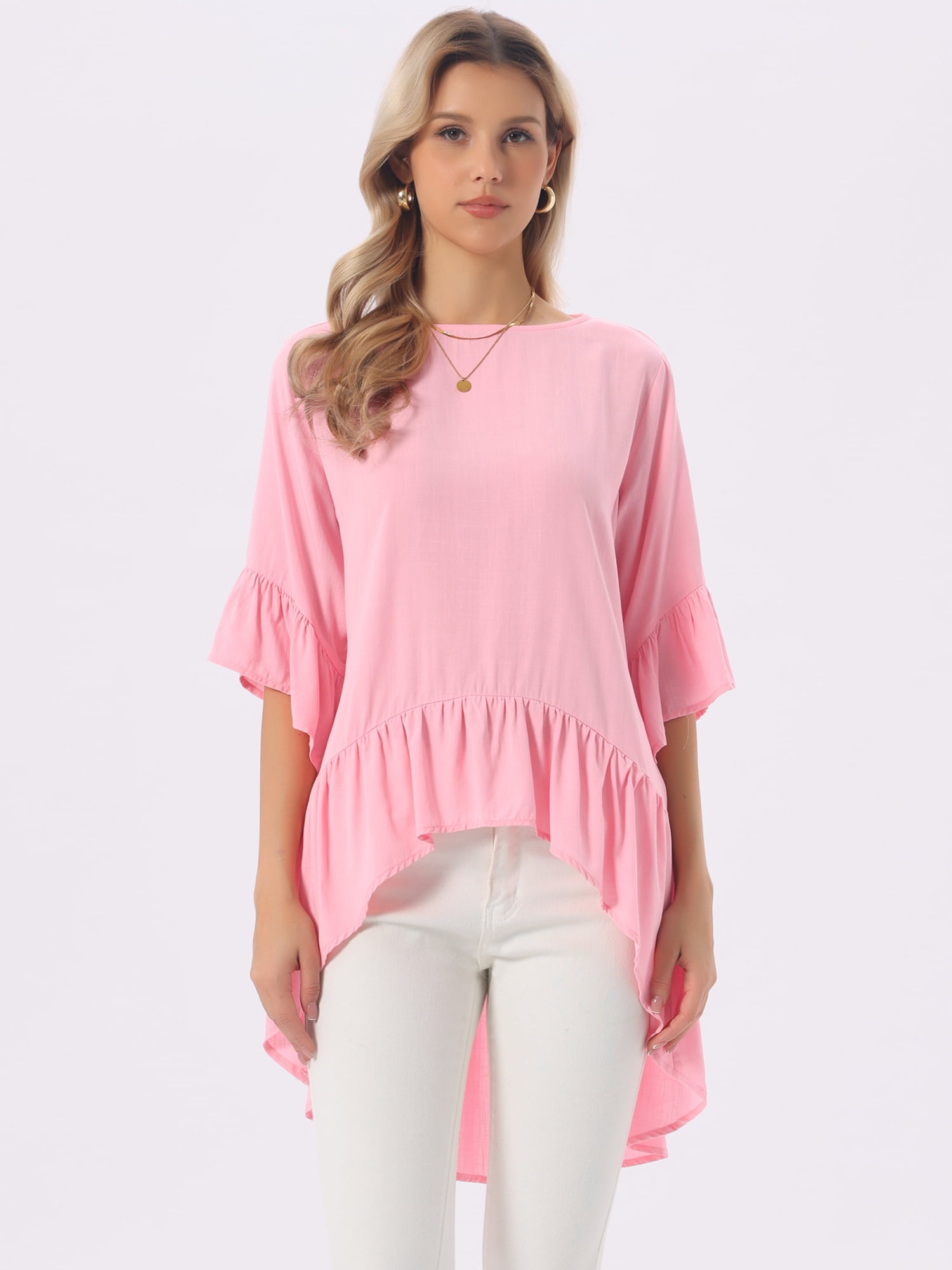 DARING DIVA Women's High Low Tops Bell Sleeve Crewneck Ruffle Blouse 2XL Pink