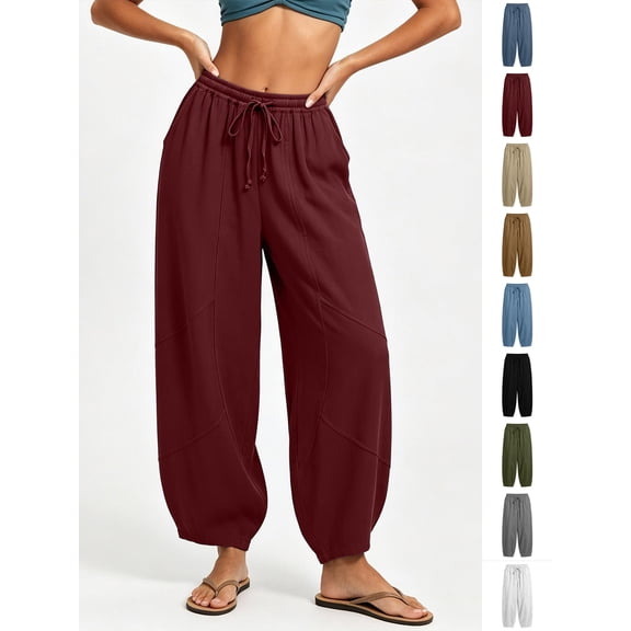 Xaqiouau Womens Washed Faux Linen Harem Capri Pants Adjustable Drawstring High Waist Geometric Patch Stitching Side Pocket Bohemian Resort Summer Daily Casual Bottoms Wine XXXL