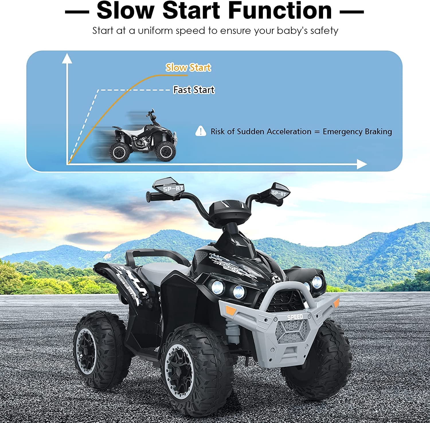 OLAKIDS Kids Ride on ATV, 12V 4 Wheeler Quad Toy Vehicle with Music, Horn, High Low Speeds, LED Lights, Electric Ride On Toy, Battery Powered Wheels Car for Children Over 3 Years Old (Black)