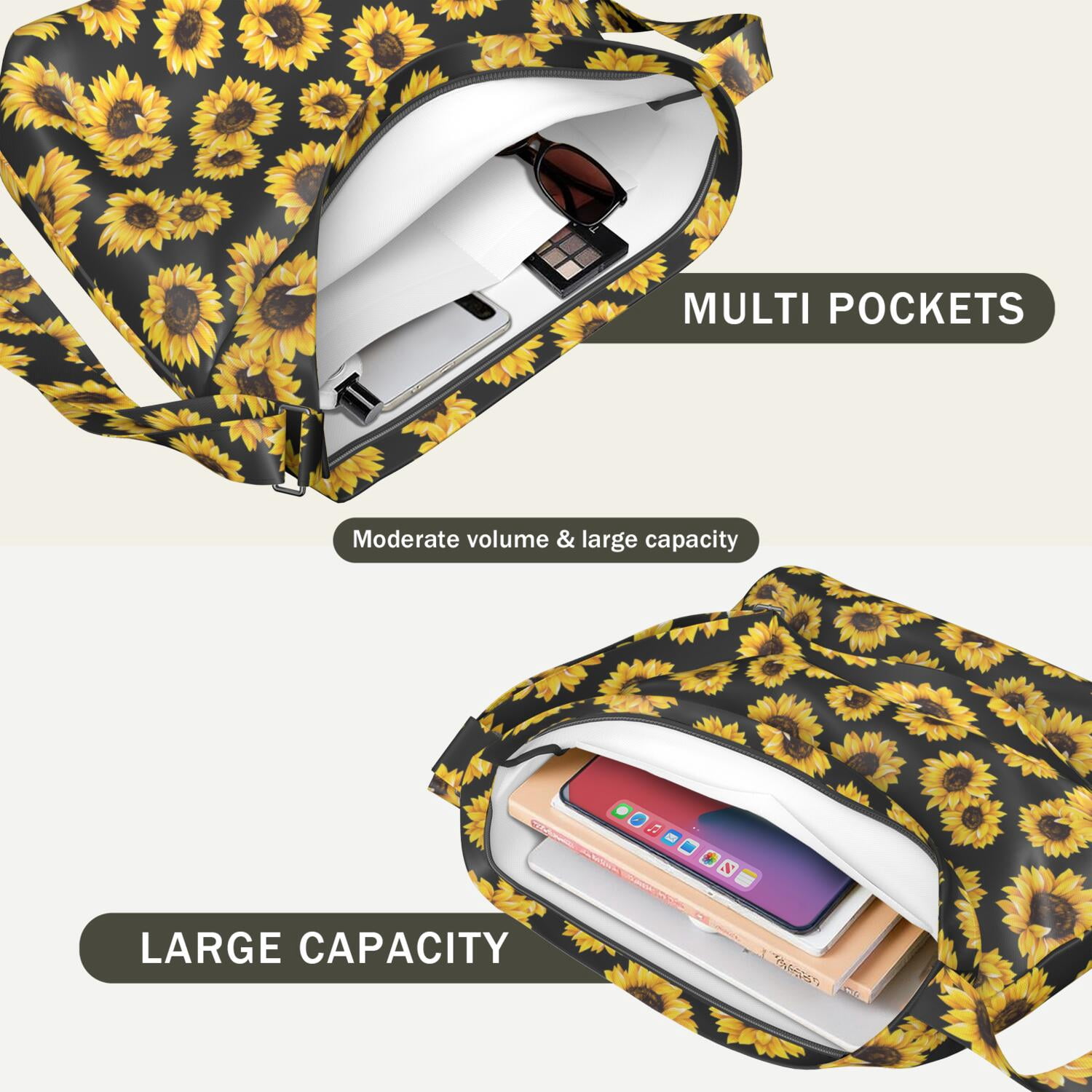 Yellow Sunflower Print Casual Everyday Purse - Adjustable Strap Crossbody Bag for Women