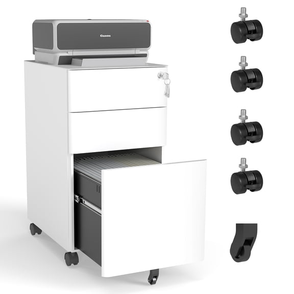 3-Drawer Mobile File Cabinet with Lock, All-Steel Metal Storage on Wheels, Two Shallow & One Deep Drawer for Office/Home, Fully Assembled, White, 110lbs/Drawer, Anti-Tip Design