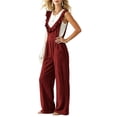 thumbnail image 5 of VBVC Women's Ruffle Trim Wide Leg Overalls , Summer Casual Loose Linen Jumpsuit For Women , Ladies' Sleeveless Pinafore Romper with Pockets, Wine , S-2XL, 5 of 7