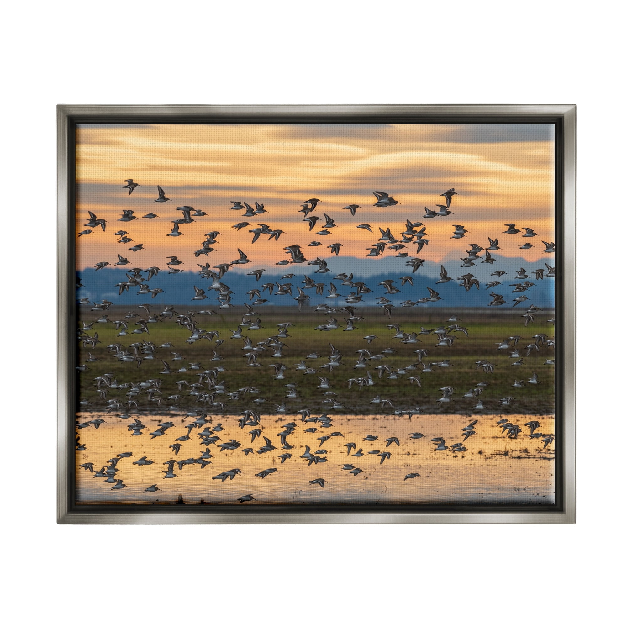 Stupell Industries Flock of Birds Flying Lake Reflection Orange Sunset Painting Luster Gray Floating Framed Canvas Print Wall Art, Design by Nancy Crowell