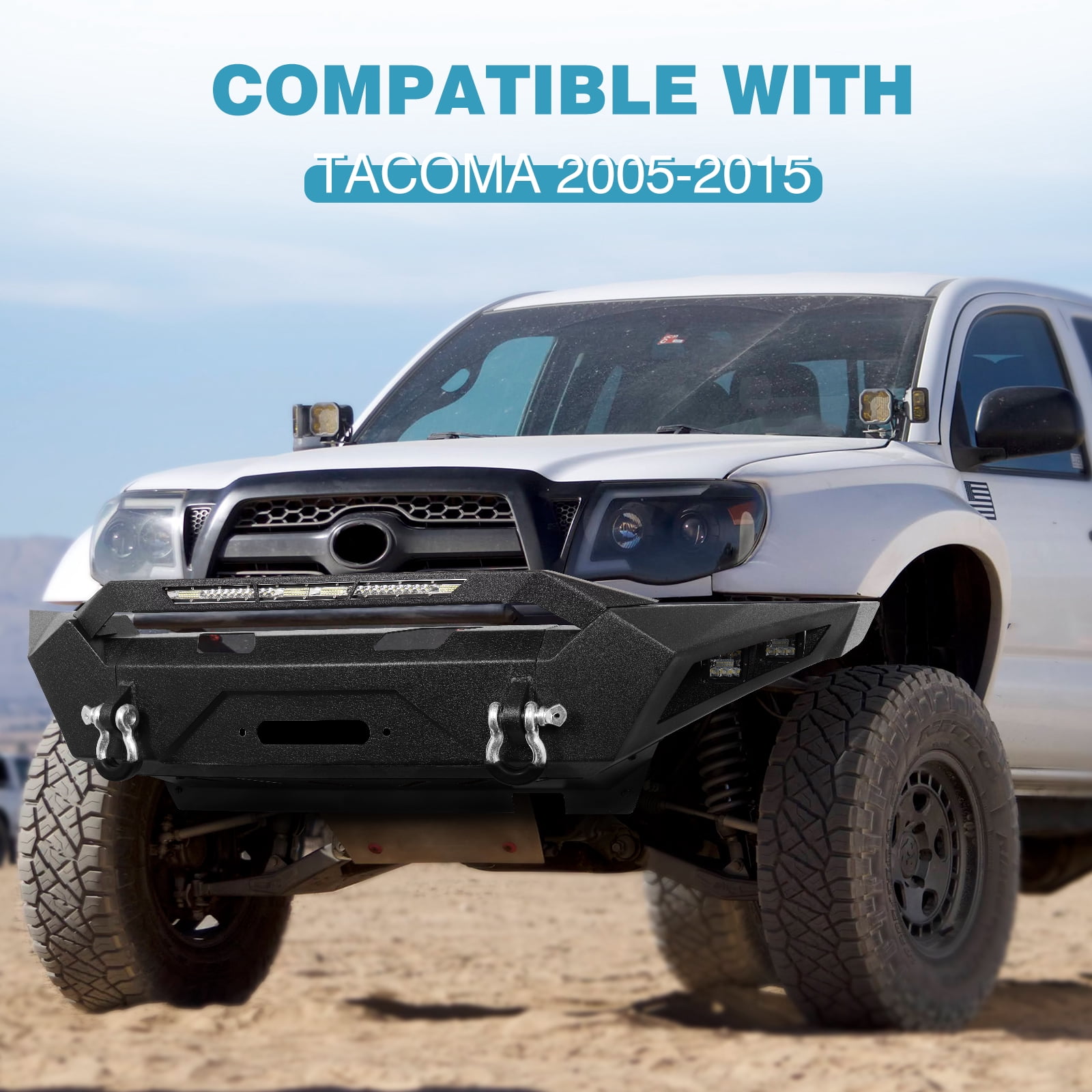 TOKMOWIN Full Width Front Bumper for 2005-2015 Toyota Tacoma with Winch Plate & Led Lights & D-Rings