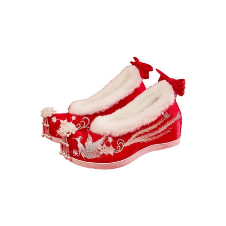 

Wazshop Ladies Flats Chinese Style Hanfu Shoes Embroideried Bridal Shoe With Pearls Pendants Traditional Womens Slip On Warm Plush Red High Heel Plush Lined 8