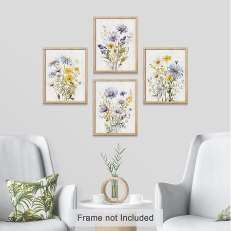 PixonSign Adhesive Wall Art Multcolor Wildflowers Collage Posters Set of 4 Classic Vintage Countryside Floral Canvas Prints Retro Nature Botanical Prints Wall Décor for Home Decor - 8 x10