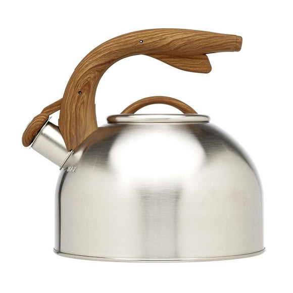 Primula Stainless Steel Whistling Kettle with Wood-Look Soft Touch Handles, Built-In Trigger Spout, Easy to Clean, 2.5 Quart