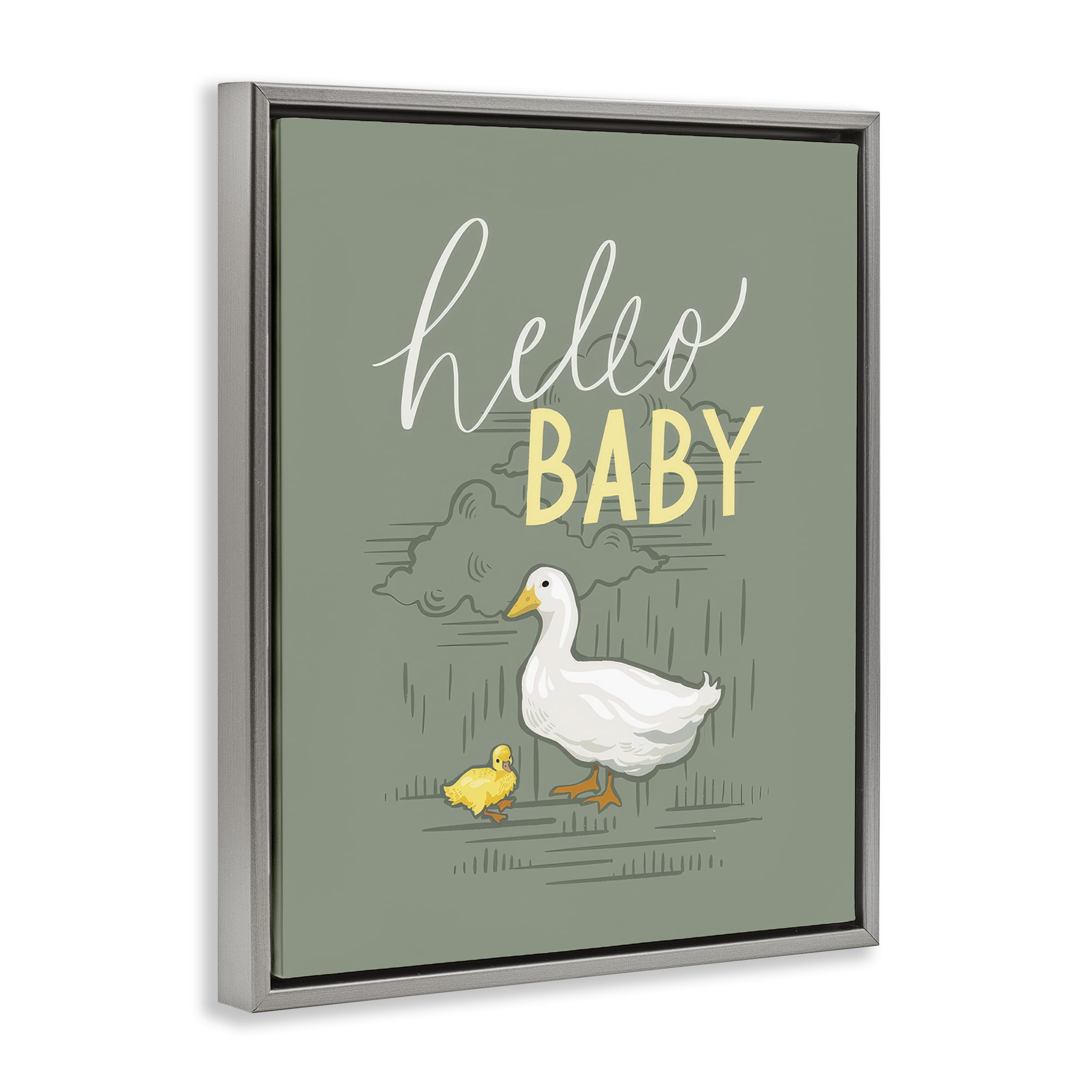 Stupell Industries Hello Baby Duck & Duckling Animals Painting Gray Floater Framed Canvas Art Print Wall Art, 25 x 31