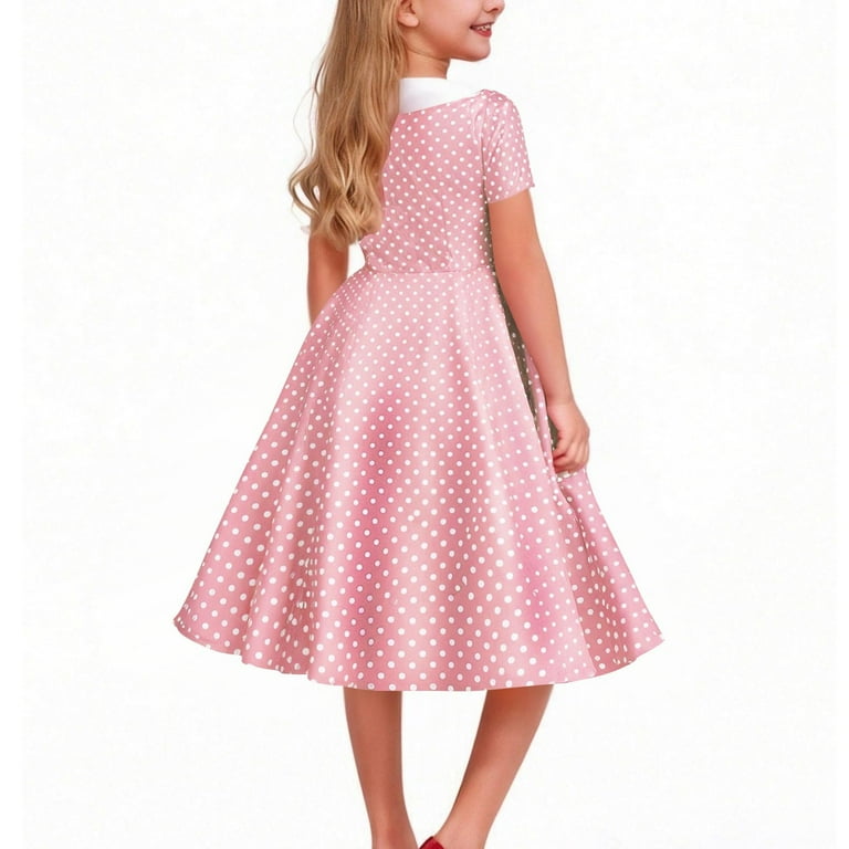 Snilers Girls Dresses Double Breasted Notch Lapel Vintage Short Sleeve Smocked Midi Dress Polka Dots Loose Swing Dress Prom Dress Size 5-14 Years,