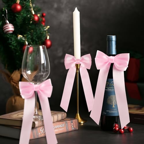 24pcs Double-Sided Twist Tie Bows for Christmas Tree Decorations, Pink Ribbon Bows for Holiday Party, Gift Bag Ties and Festive Decor
