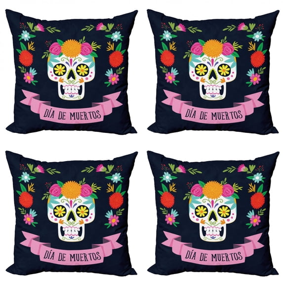 Ambesonne Sugar Skull Throw Pillow Cover 4 Pack, Colorful Wreath, 18", Navy Blue and Multicolor